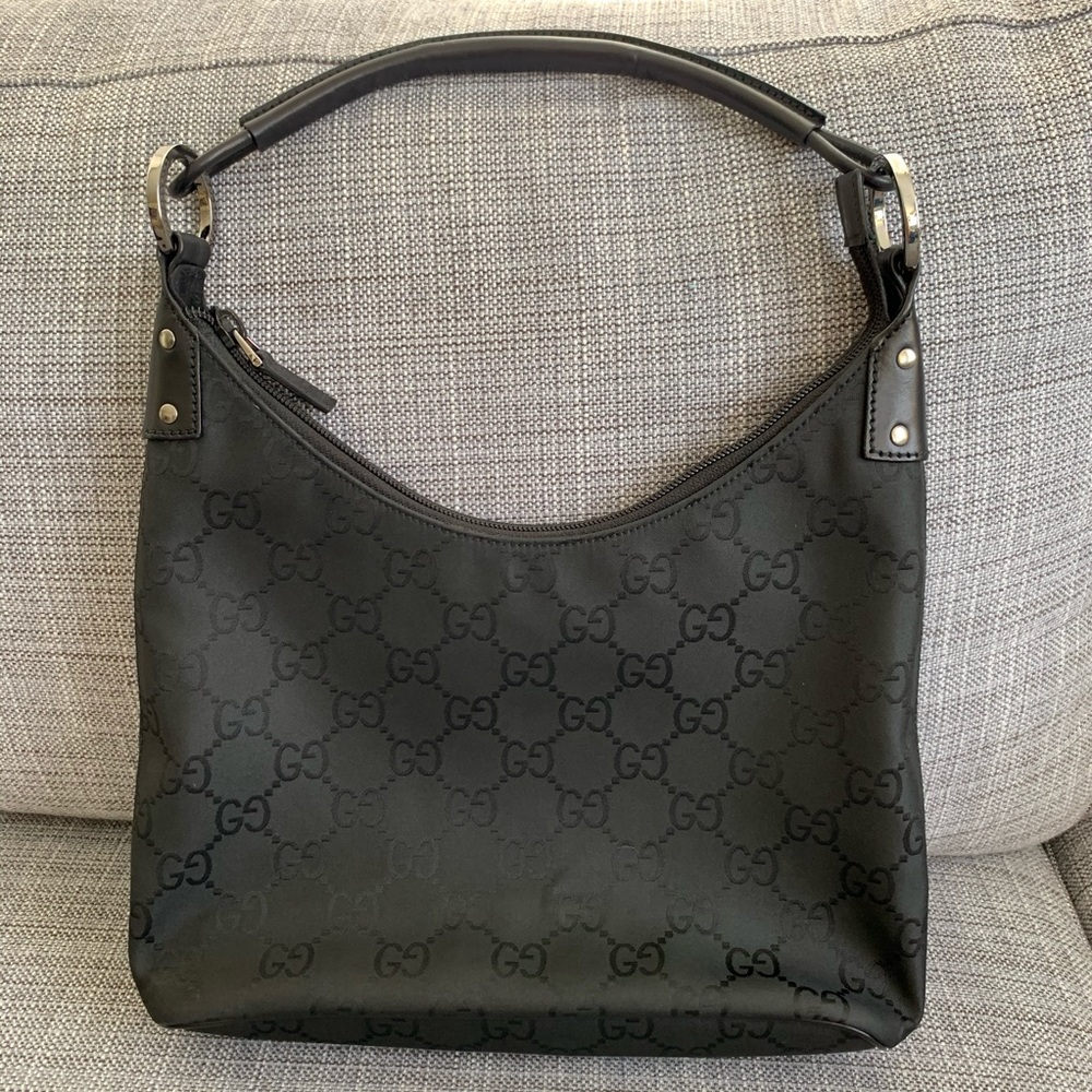 Gucci Shoulder Handbag Black Nylon Zip Top Hobo